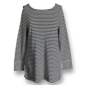 Talbots Womens Tunic Top Sz L Black White Stripe Cotton Pullover Blouse Nautical